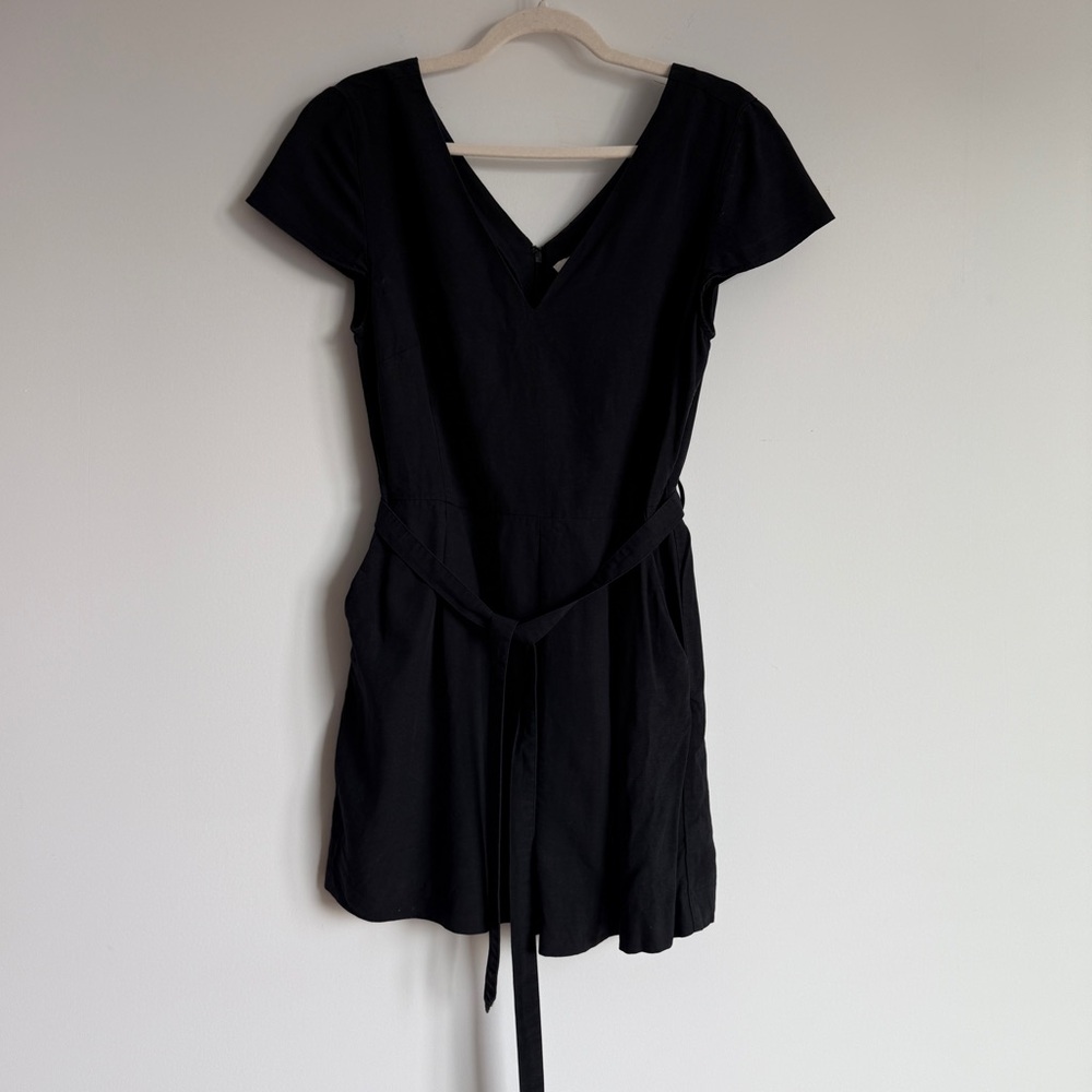 Black V-Neck Short Sleeve jumpsuit with Waist Tie